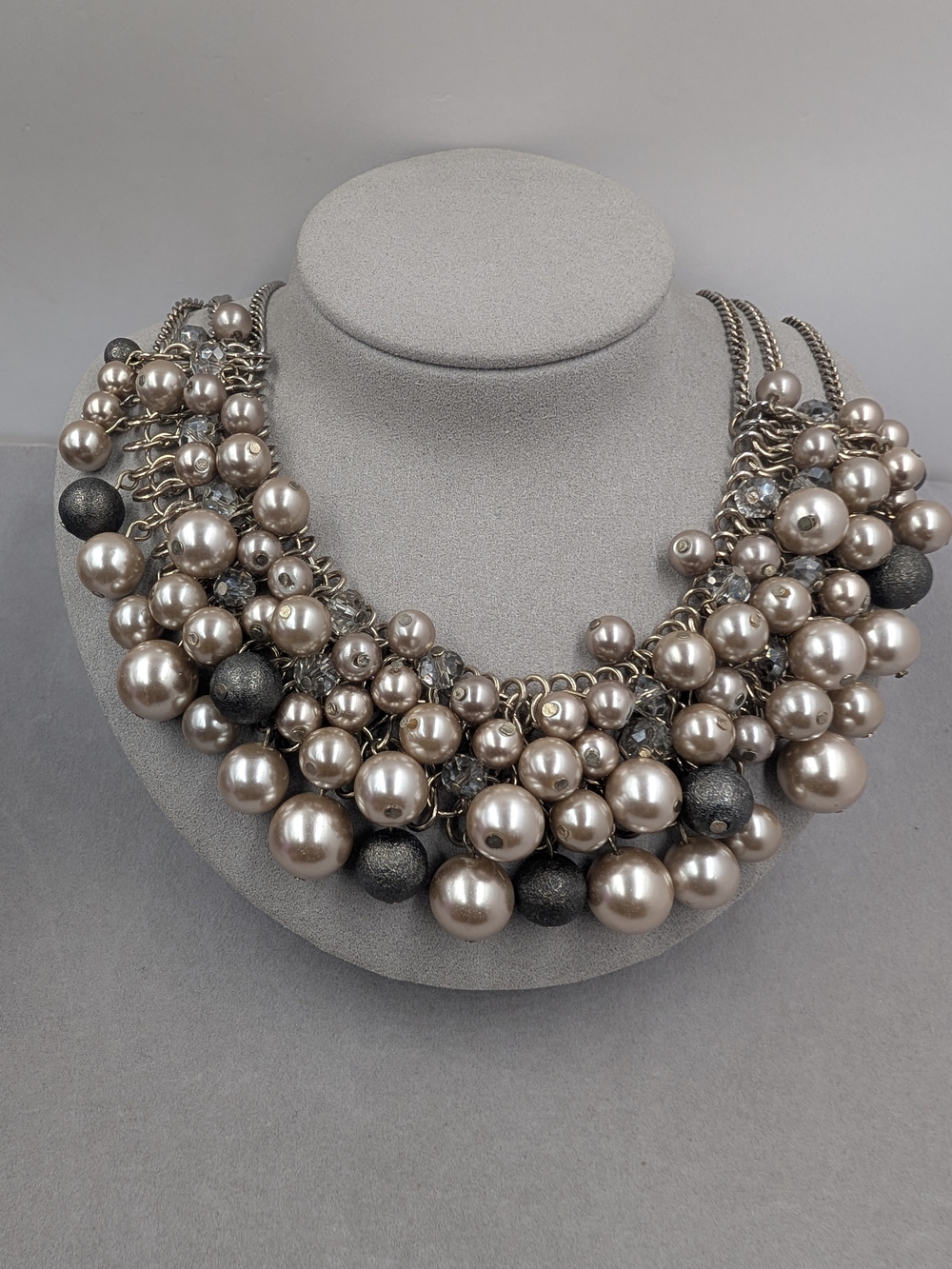 LOFT Faux Pearl Cluster Bib Statement Necklace Silver Tone | 1319